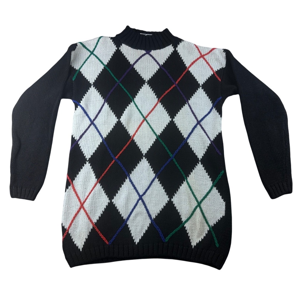 Vintage Nuggets Sweater Men M Black Ramie Cotton Argyle Hong Kong Made Preppy